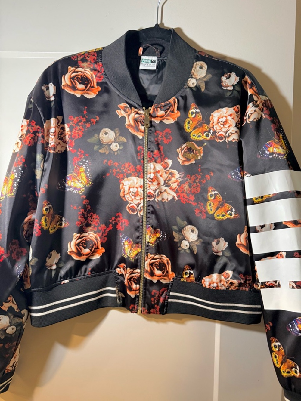 Puma Black Bomber Jacket with Coral Rose Print - Picture 2 of 7